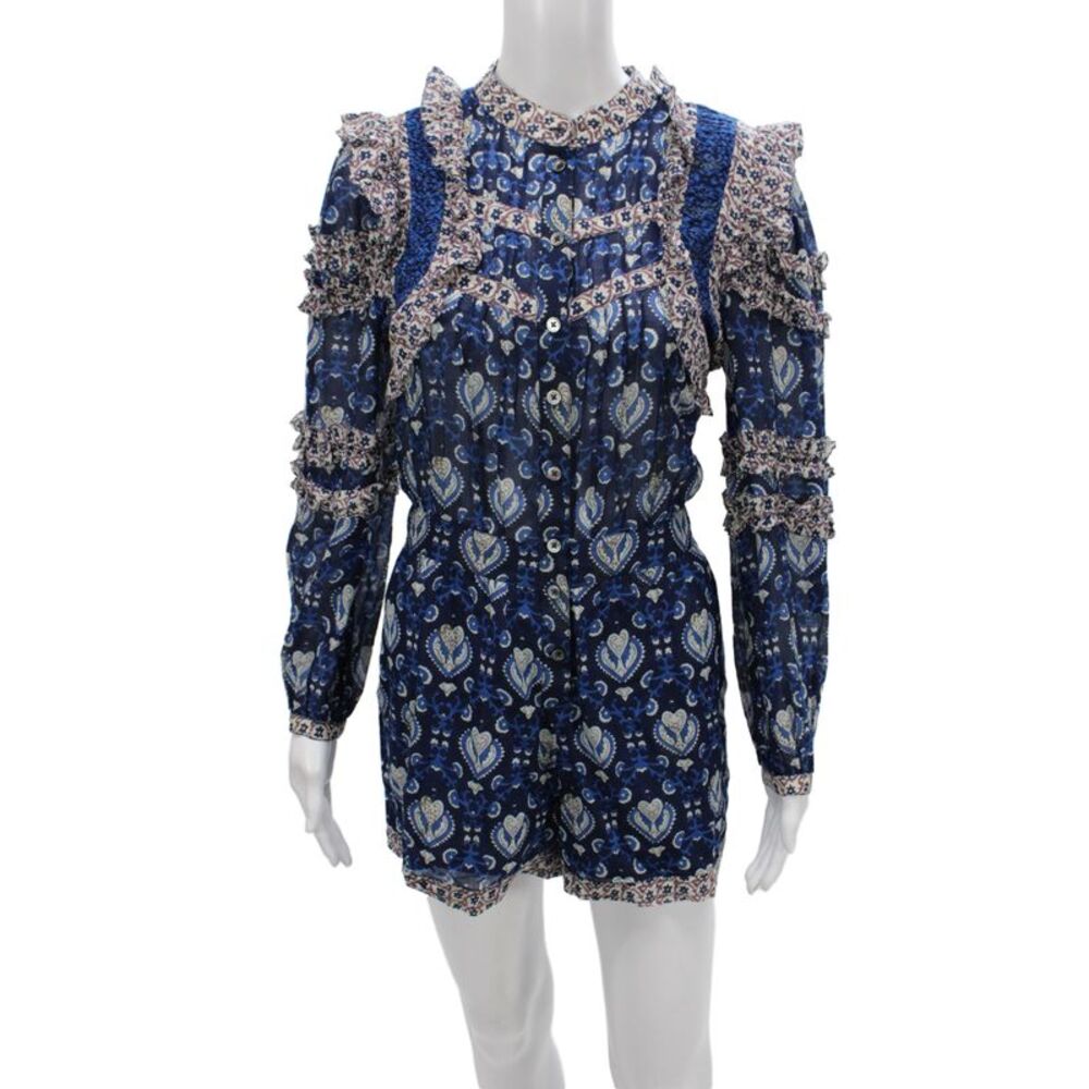 Sea Womens Romper Blue Cotton Floral Collared Button Long Sleeve Boho Size 2